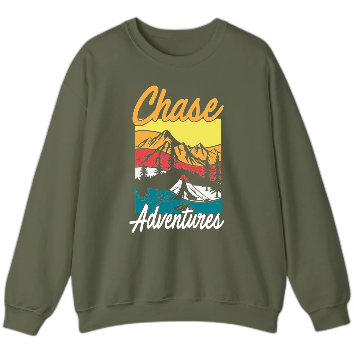 Retro-style chase adventures camping design with layered mountains, tent, campfire, and pine trees in warm oranges and cool teals. in Military Green