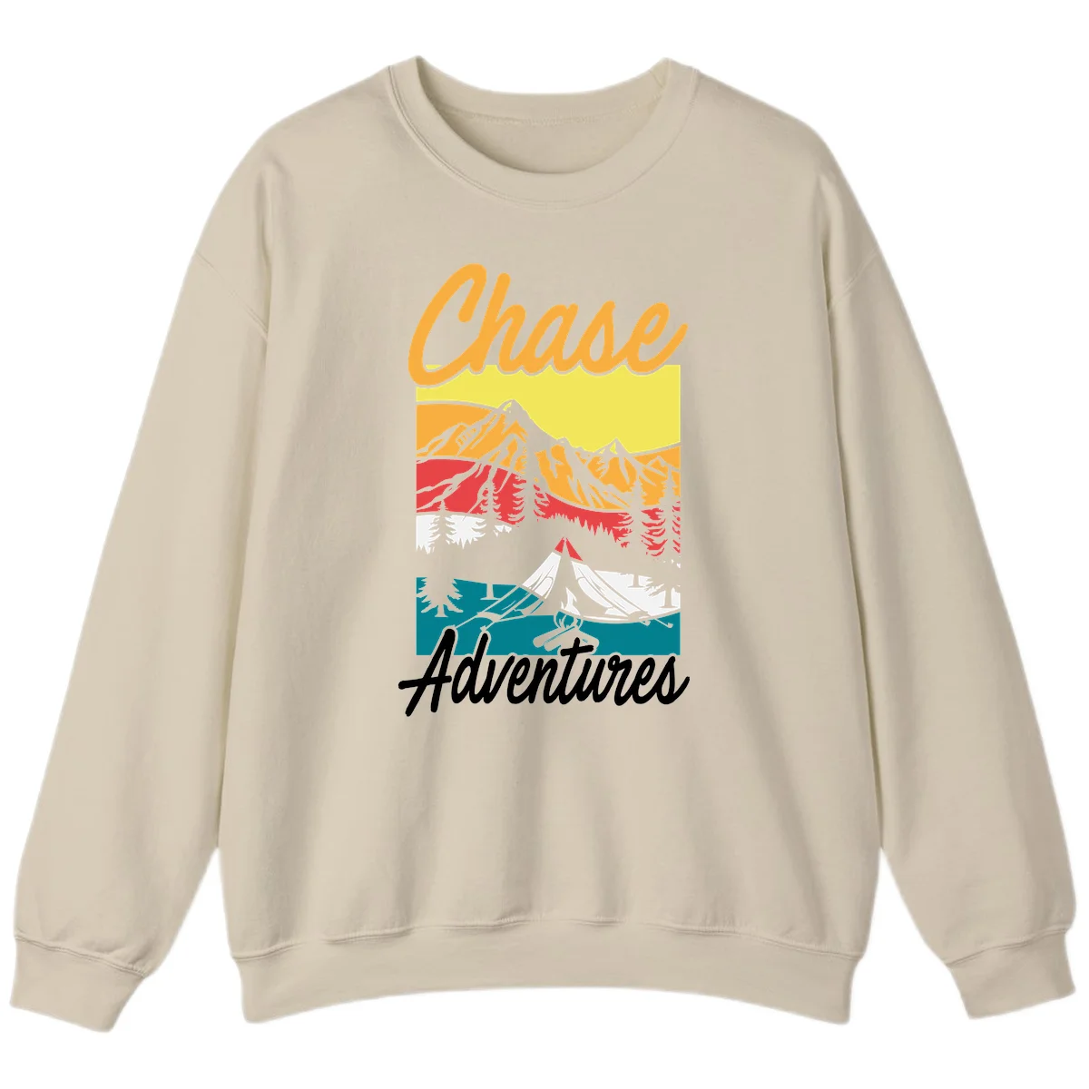 Retro-style chase adventures camping design with layered mountains, tent, campfire, and pine trees in warm oranges and cool teals. in Sand