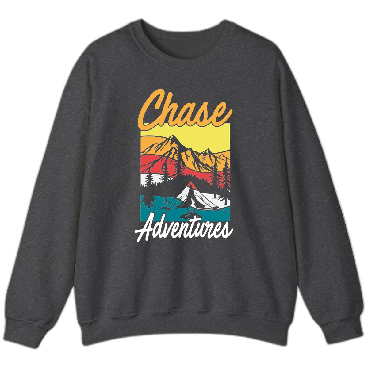 Retro-style chase adventures camping design with layered mountains, tent, campfire, and pine trees in warm oranges and cool teals. in Dark Heather