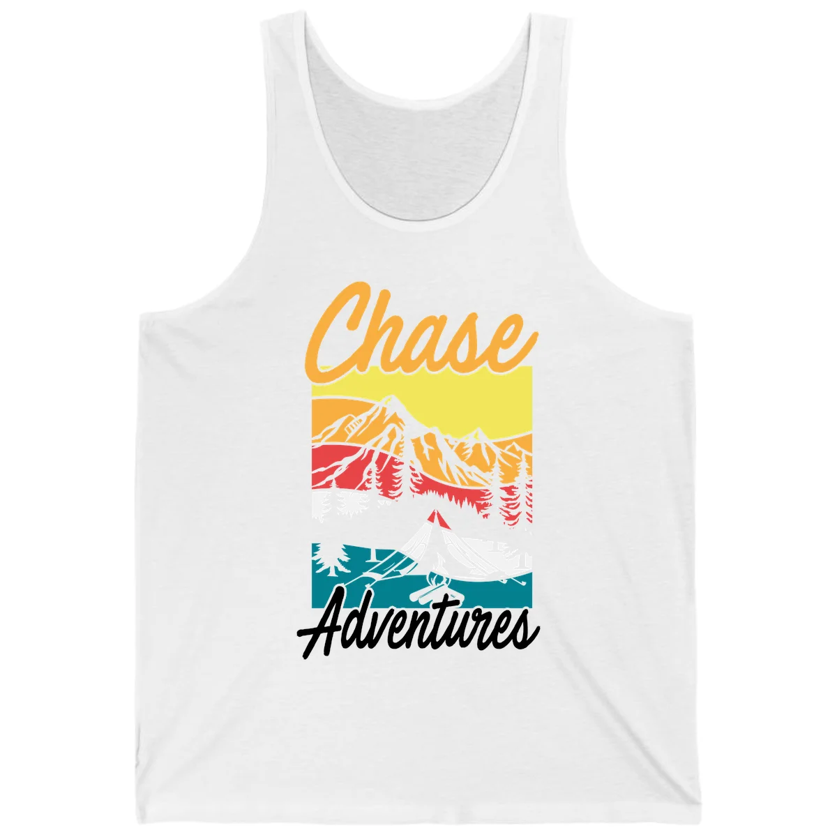 Retro-style chase adventures camping design with layered mountains, tent, campfire, and pine trees in warm oranges and cool teals. in White