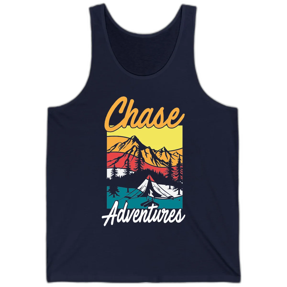 Retro-style chase adventures camping design with layered mountains, tent, campfire, and pine trees in warm oranges and cool teals. in Navy