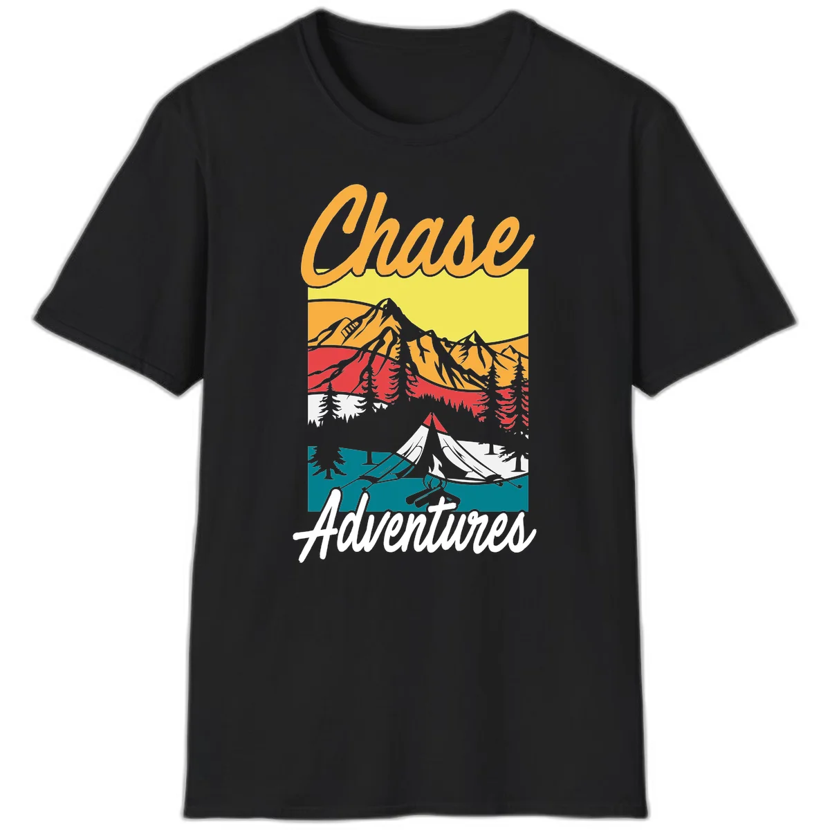 Retro-style chase adventures camping design with layered mountains, tent, campfire, and pine trees in warm oranges and cool teals. in Black