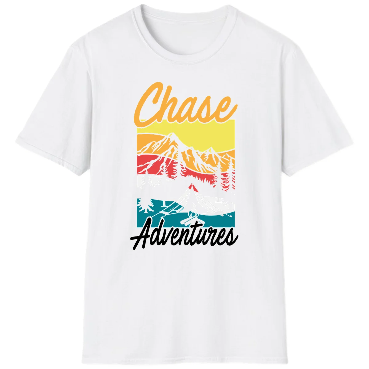 Retro-style chase adventures camping design with layered mountains, tent, campfire, and pine trees in warm oranges and cool teals. in White
