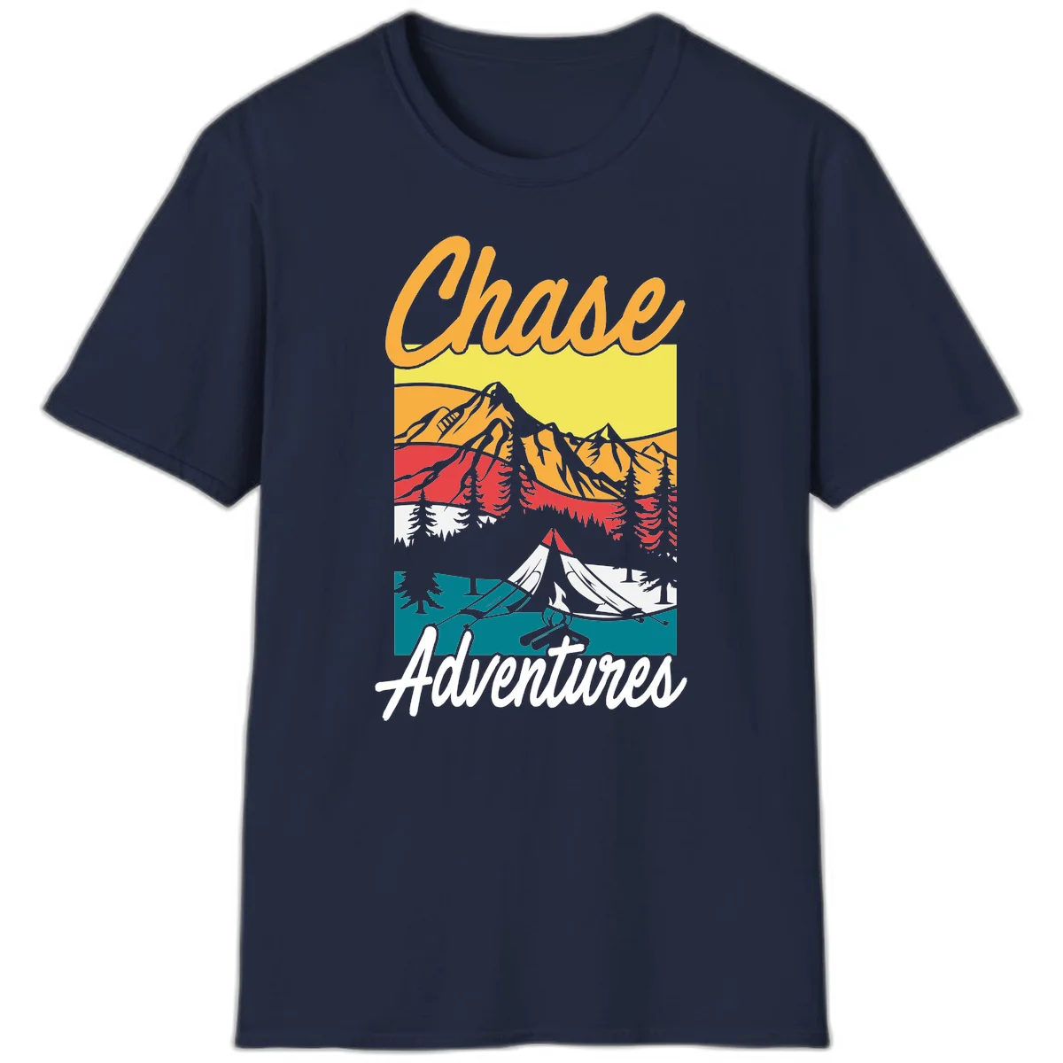 Retro-style chase adventures camping design with layered mountains, tent, campfire, and pine trees in warm oranges and cool teals. in Navy