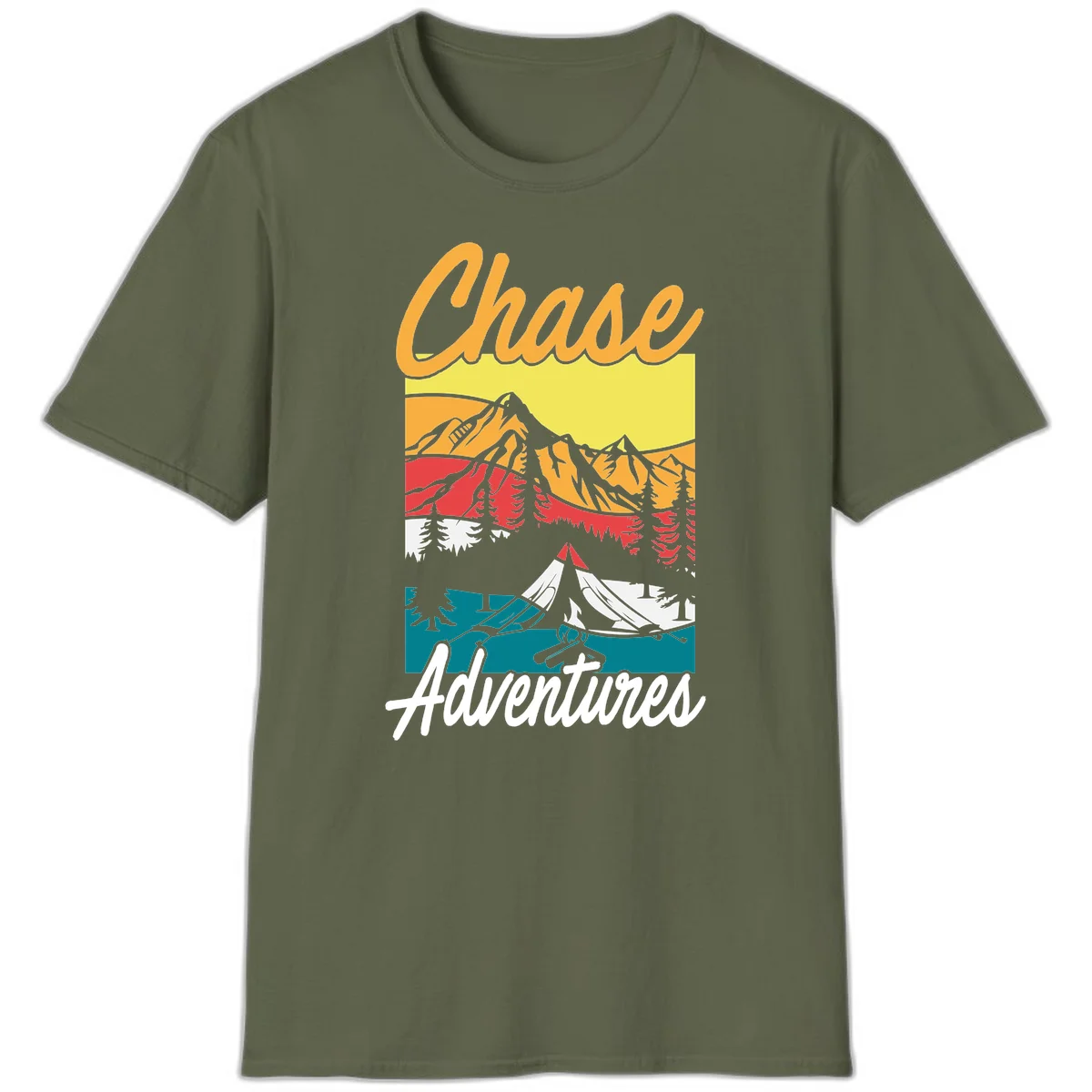 Retro-style chase adventures camping design with layered mountains, tent, campfire, and pine trees in warm oranges and cool teals. in Military Green