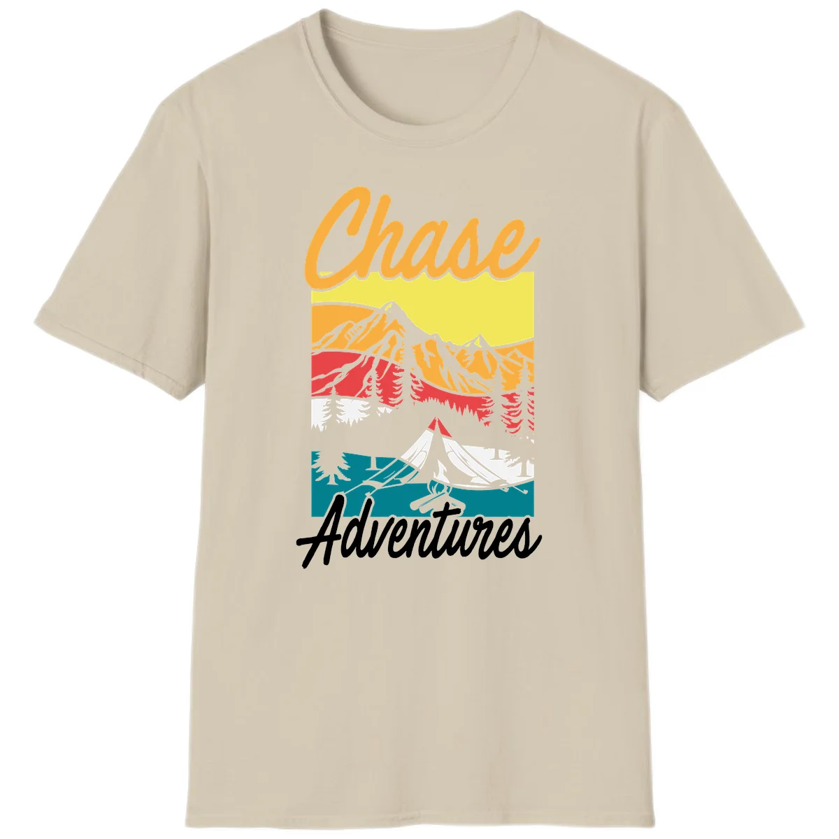 Retro-style chase adventures camping design with layered mountains, tent, campfire, and pine trees in warm oranges and cool teals. in Sand