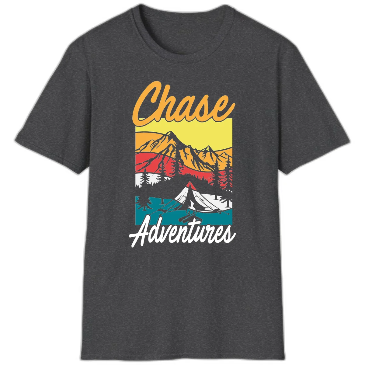 Retro-style chase adventures camping design with layered mountains, tent, campfire, and pine trees in warm oranges and cool teals. in Dark Heather
