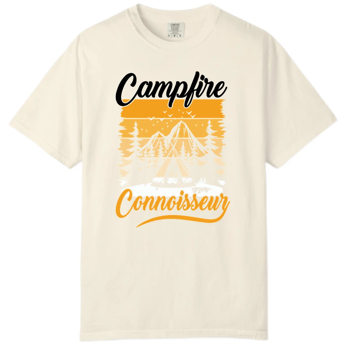 Campfire connoisseur design showing a tent with glowing fire, trees, and mountain under starry sky in warm golden tones in Ivory