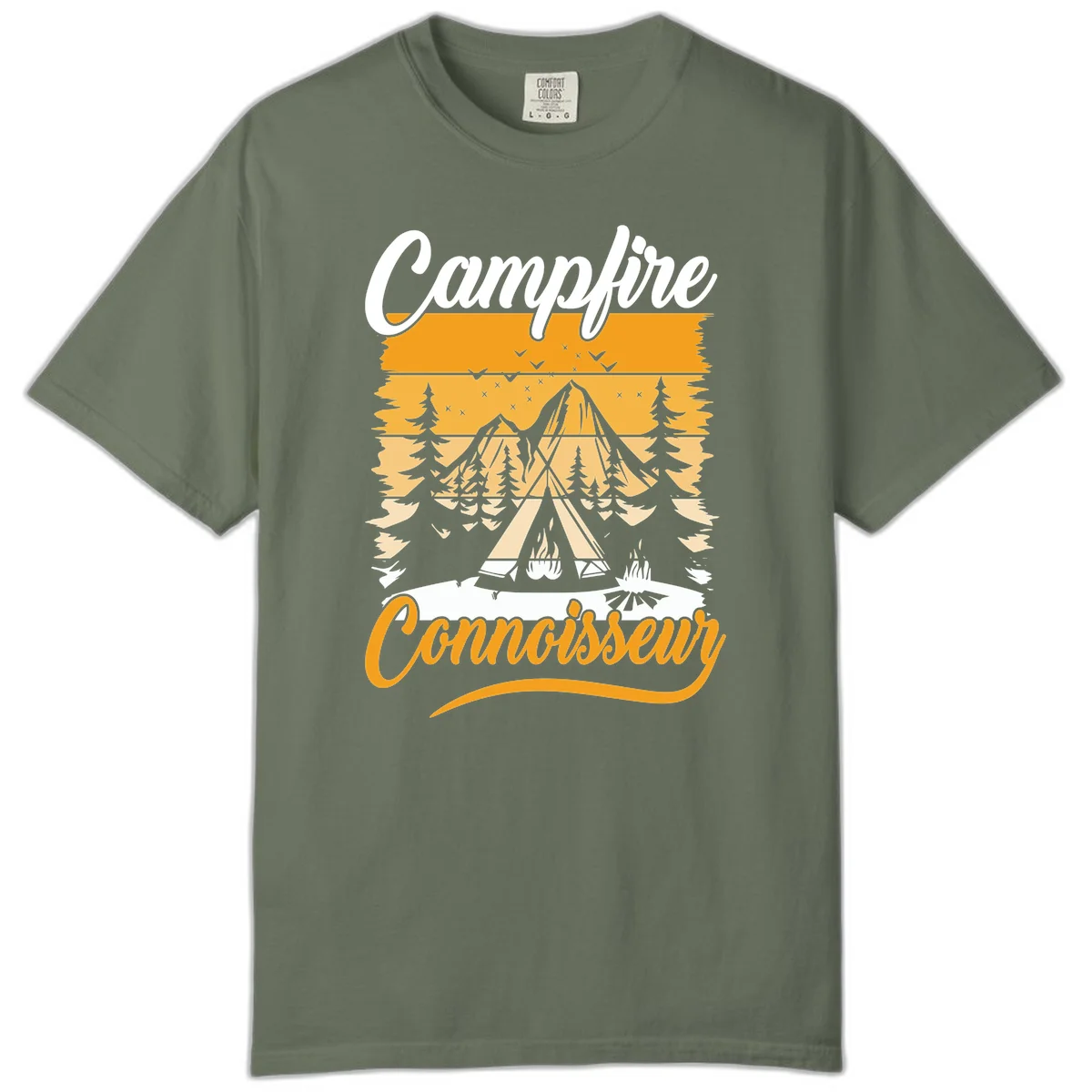 Campfire connoisseur design showing a tent with glowing fire, trees, and mountain under starry sky in warm golden tones in Moss
