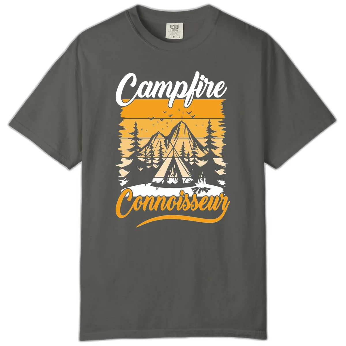 Campfire connoisseur design showing a tent with glowing fire, trees, and mountain under starry sky in warm golden tones in Pepper