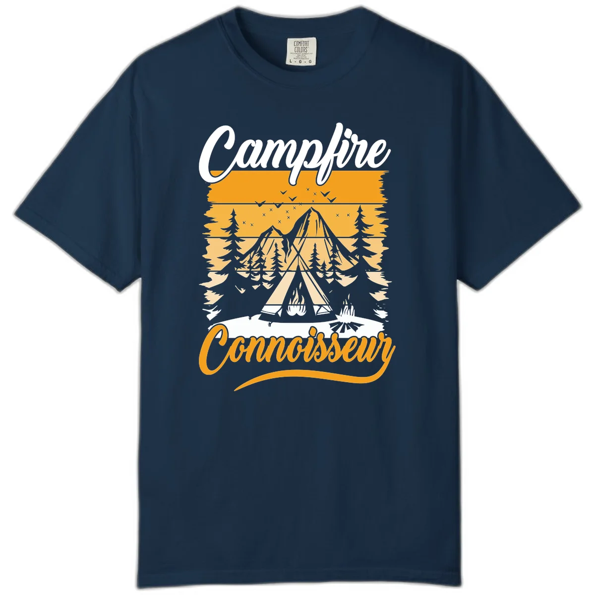 Campfire connoisseur design showing a tent with glowing fire, trees, and mountain under starry sky in warm golden tones in True Navy
