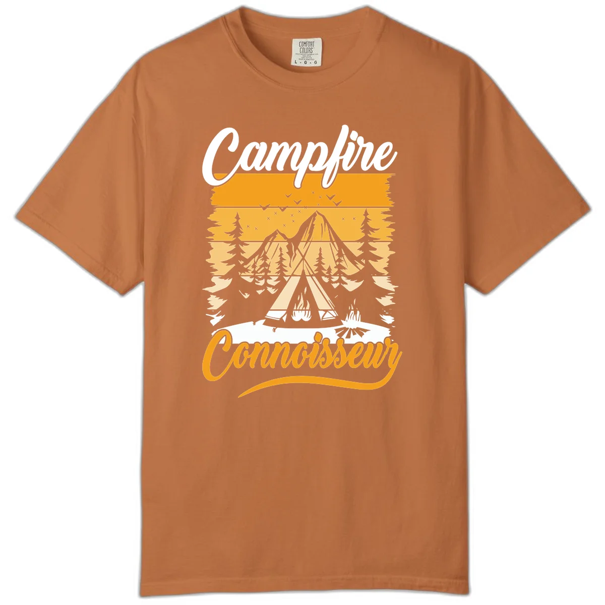 Campfire connoisseur design showing a tent with glowing fire, trees, and mountain under starry sky in warm golden tones in Yam