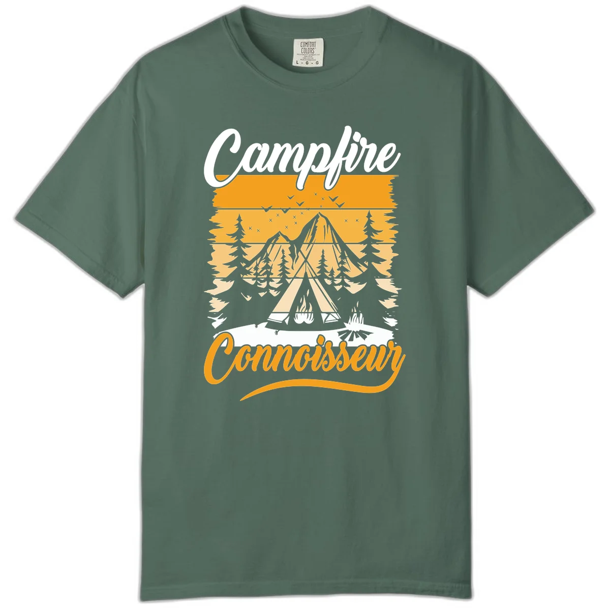 Campfire connoisseur design showing a tent with glowing fire, trees, and mountain under starry sky in warm golden tones in Blue Spruce