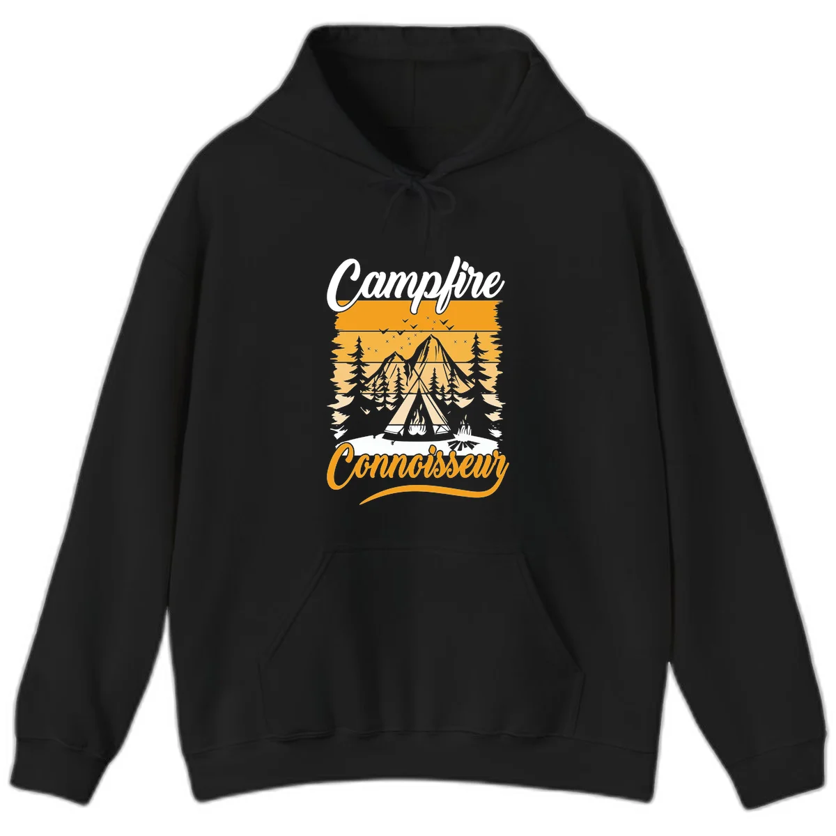 Campfire connoisseur design showing a tent with glowing fire, trees, and mountain under starry sky in warm golden tones in Black