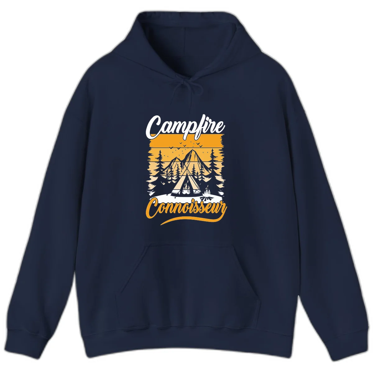 Campfire connoisseur design showing a tent with glowing fire, trees, and mountain under starry sky in warm golden tones in Navy
