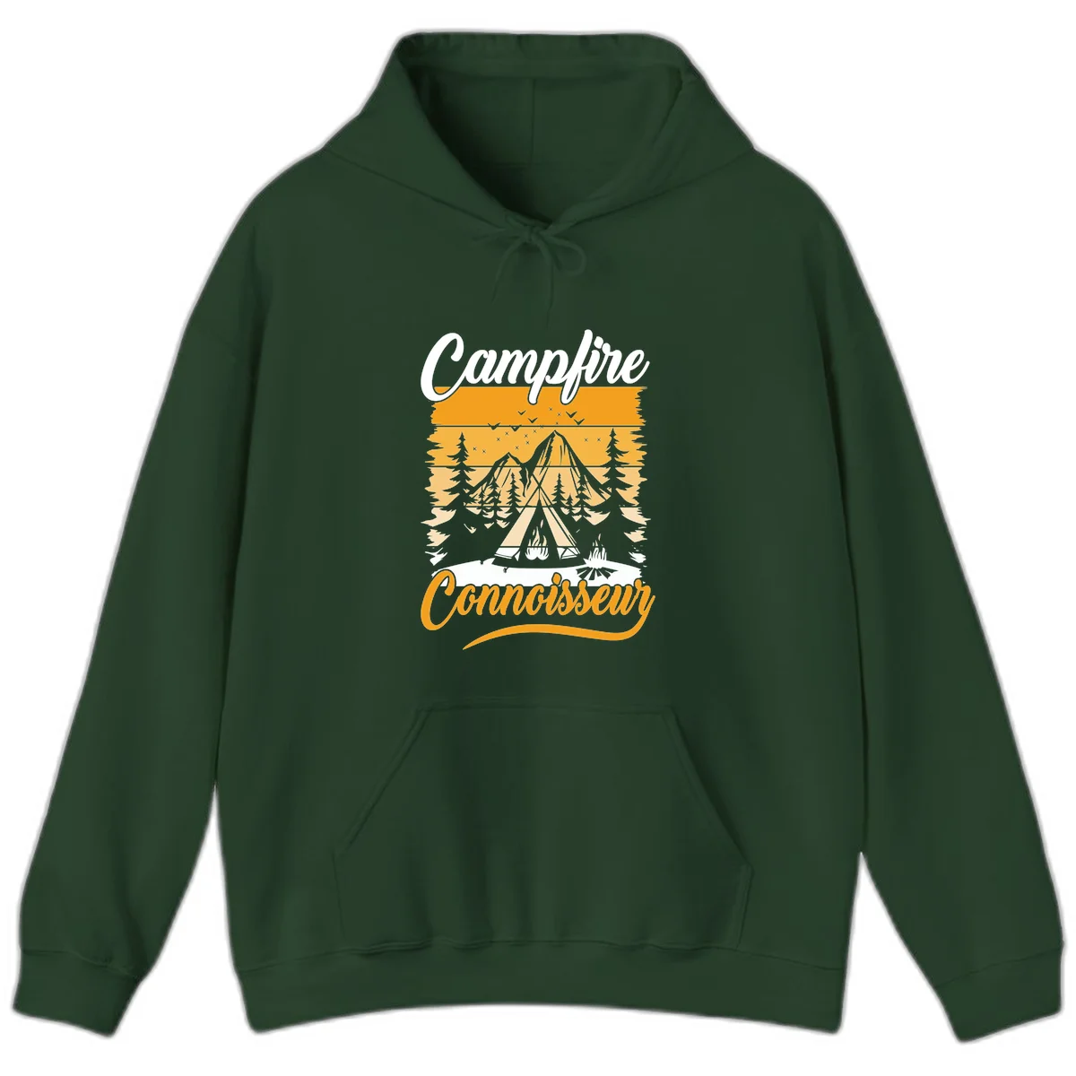 Campfire connoisseur design showing a tent with glowing fire, trees, and mountain under starry sky in warm golden tones in Forest Green