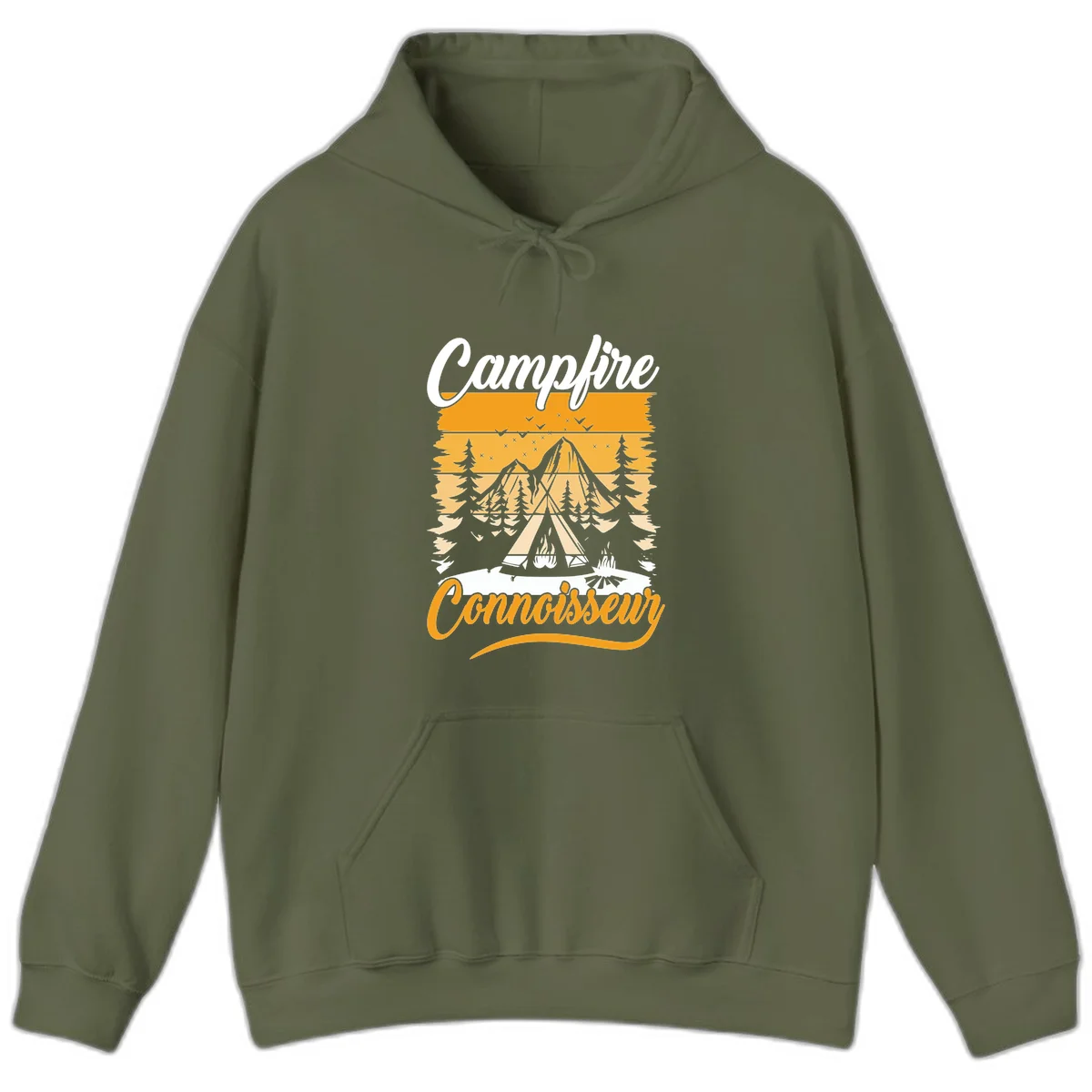 Campfire connoisseur design showing a tent with glowing fire, trees, and mountain under starry sky in warm golden tones in Military Green