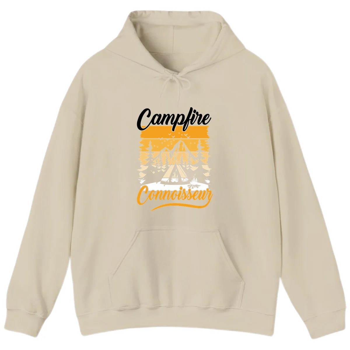 Campfire connoisseur design showing a tent with glowing fire, trees, and mountain under starry sky in warm golden tones in Sand