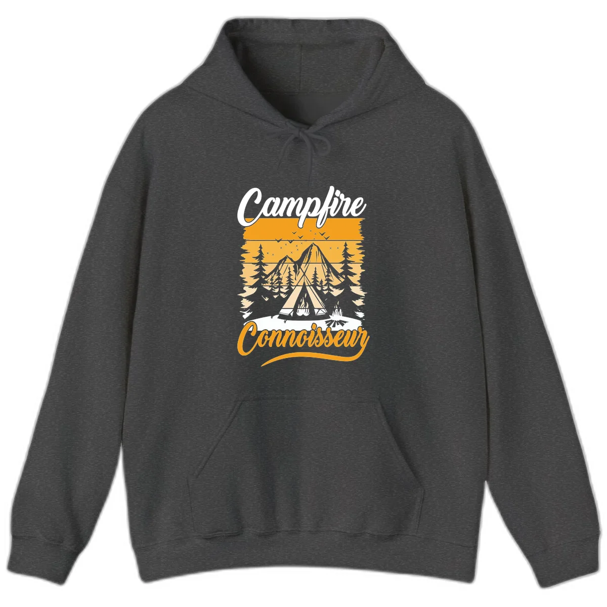 Campfire connoisseur design showing a tent with glowing fire, trees, and mountain under starry sky in warm golden tones in Dark Heather