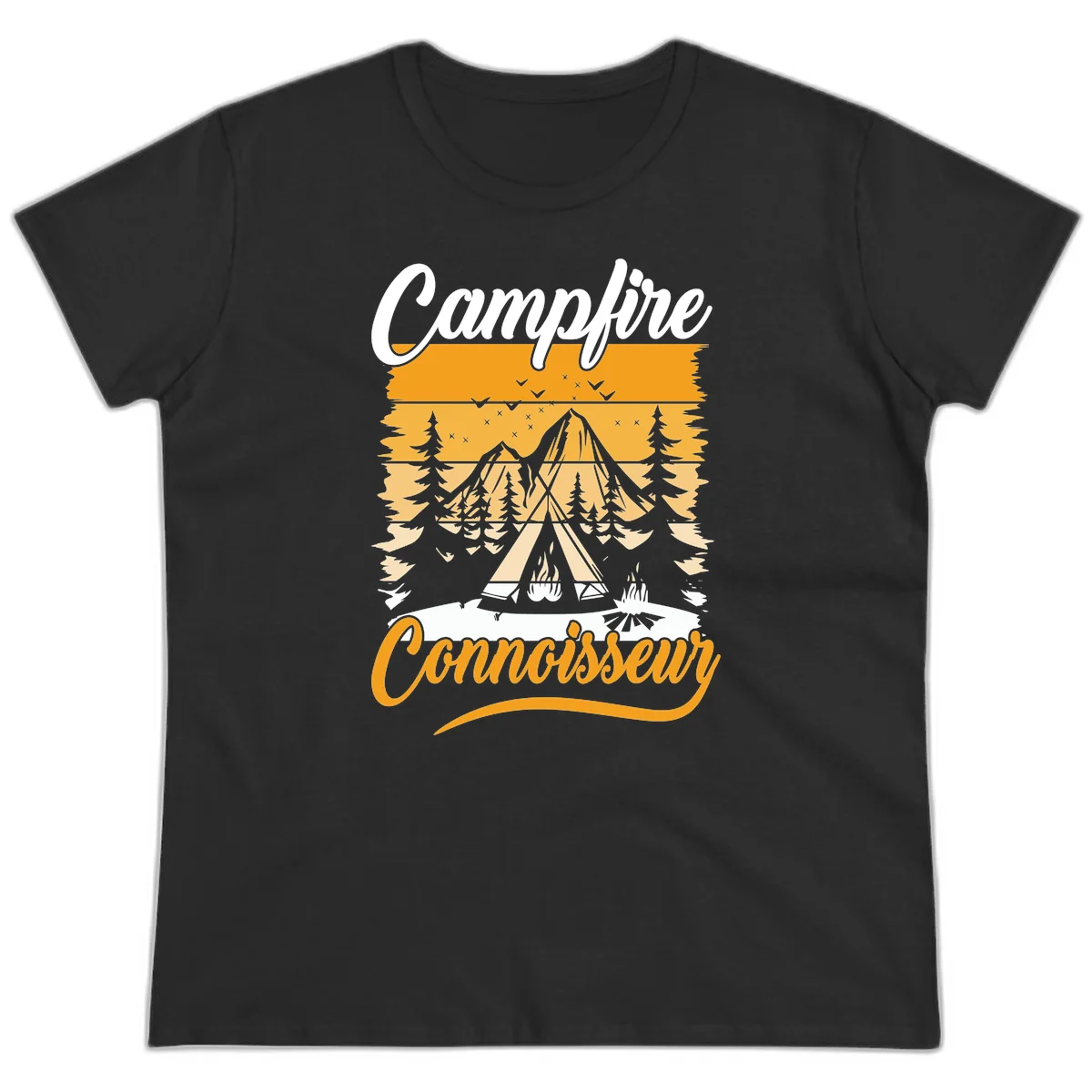Campfire connoisseur design showing a tent with glowing fire, trees, and mountain under starry sky in warm golden tones in Black