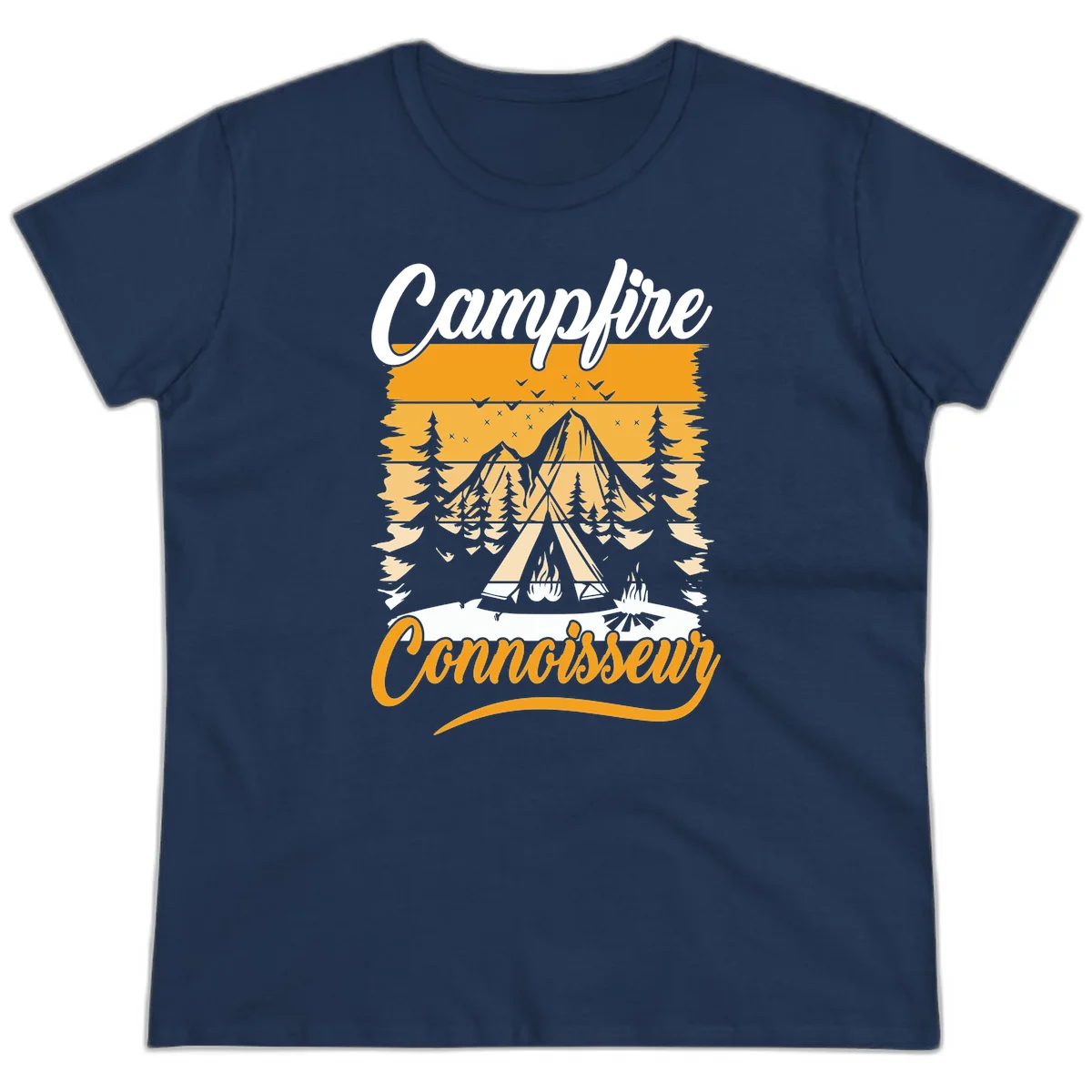 Campfire connoisseur design showing a tent with glowing fire, trees, and mountain under starry sky in warm golden tones in Navy