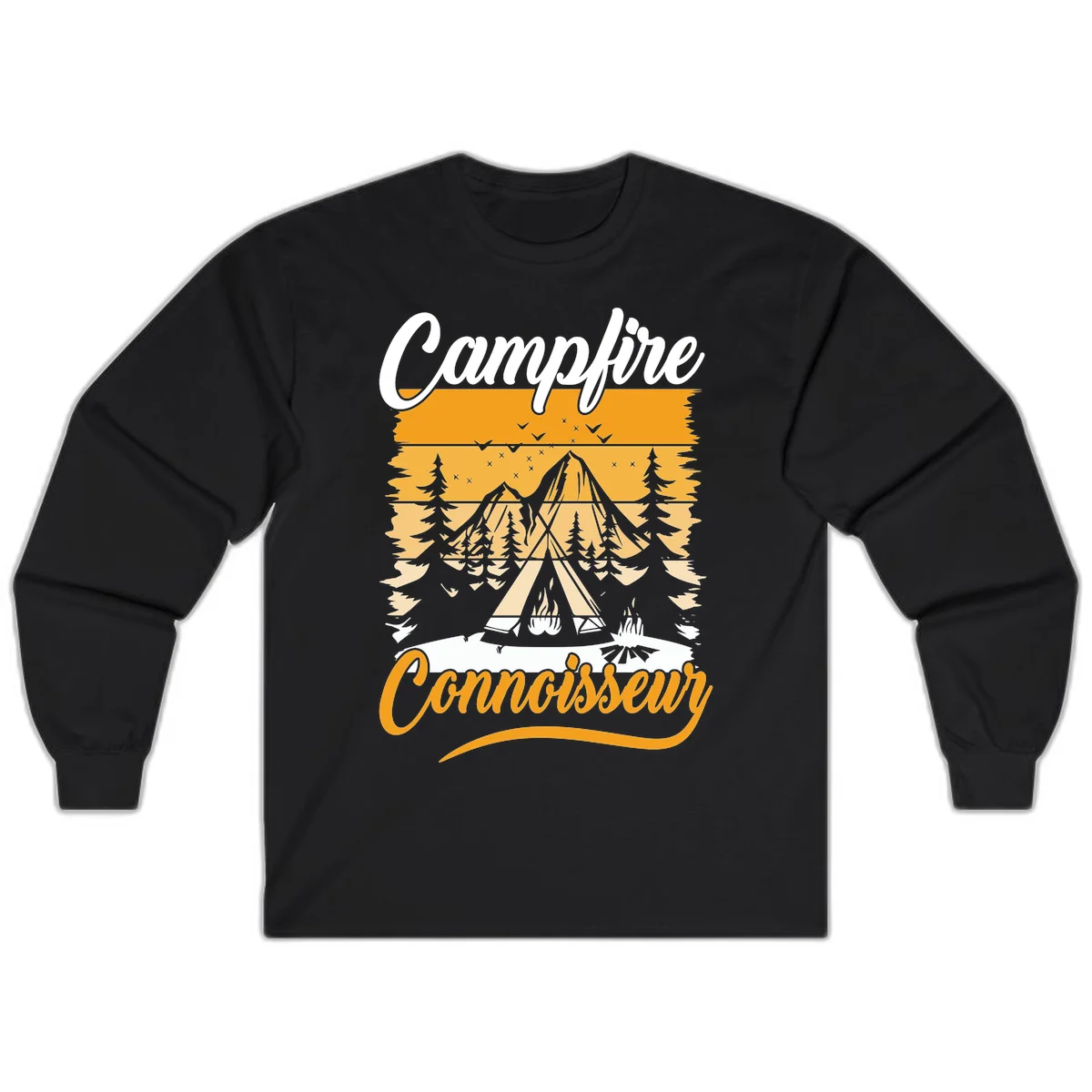 Campfire connoisseur design showing a tent with glowing fire, trees, and mountain under starry sky in warm golden tones in Black