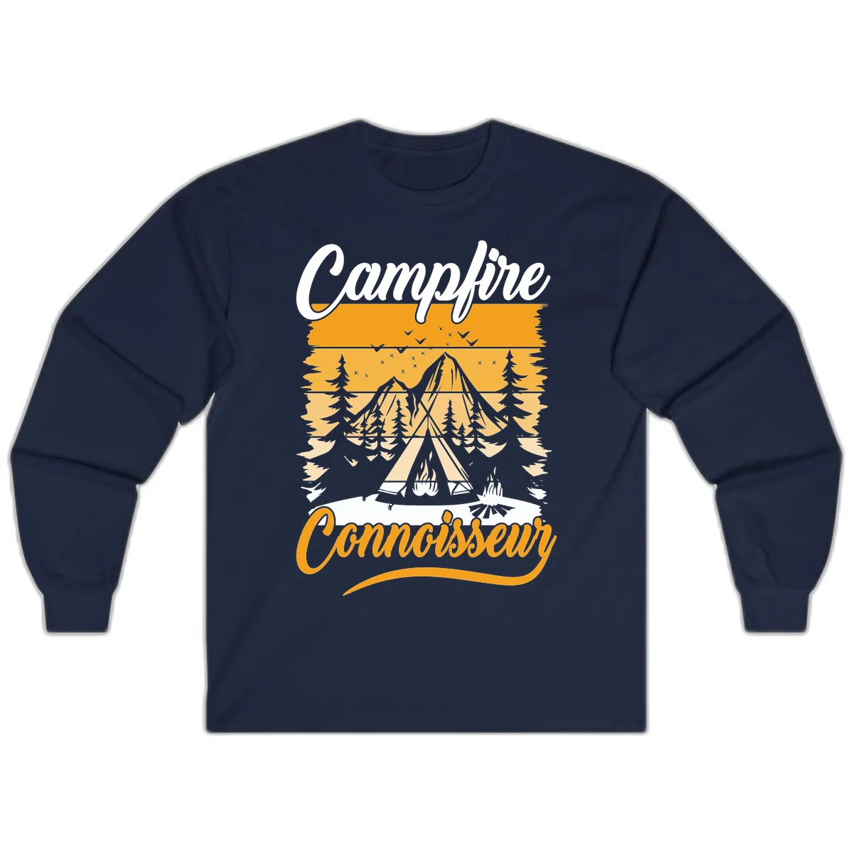 Campfire connoisseur design showing a tent with glowing fire, trees, and mountain under starry sky in warm golden tones in Navy