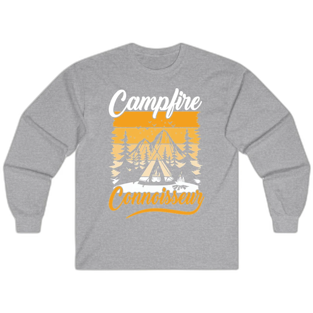 Campfire connoisseur design showing a tent with glowing fire, trees, and mountain under starry sky in warm golden tones in Sport Grey