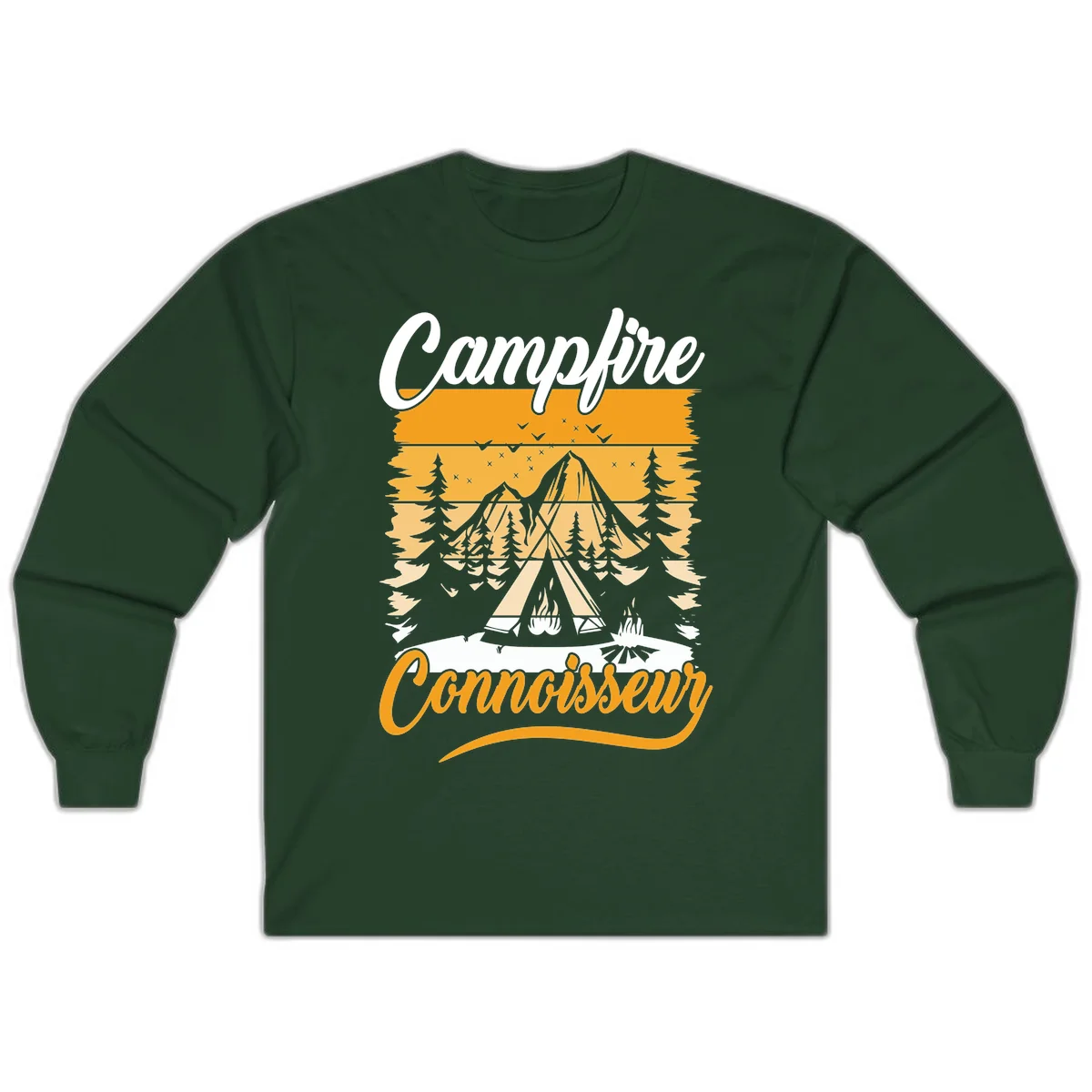 Campfire connoisseur design showing a tent with glowing fire, trees, and mountain under starry sky in warm golden tones in Forest Green