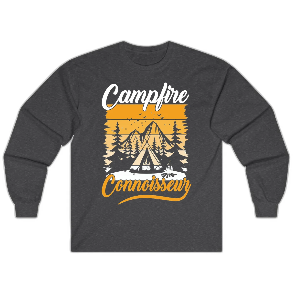 Campfire connoisseur design showing a tent with glowing fire, trees, and mountain under starry sky in warm golden tones in Dark Heather
