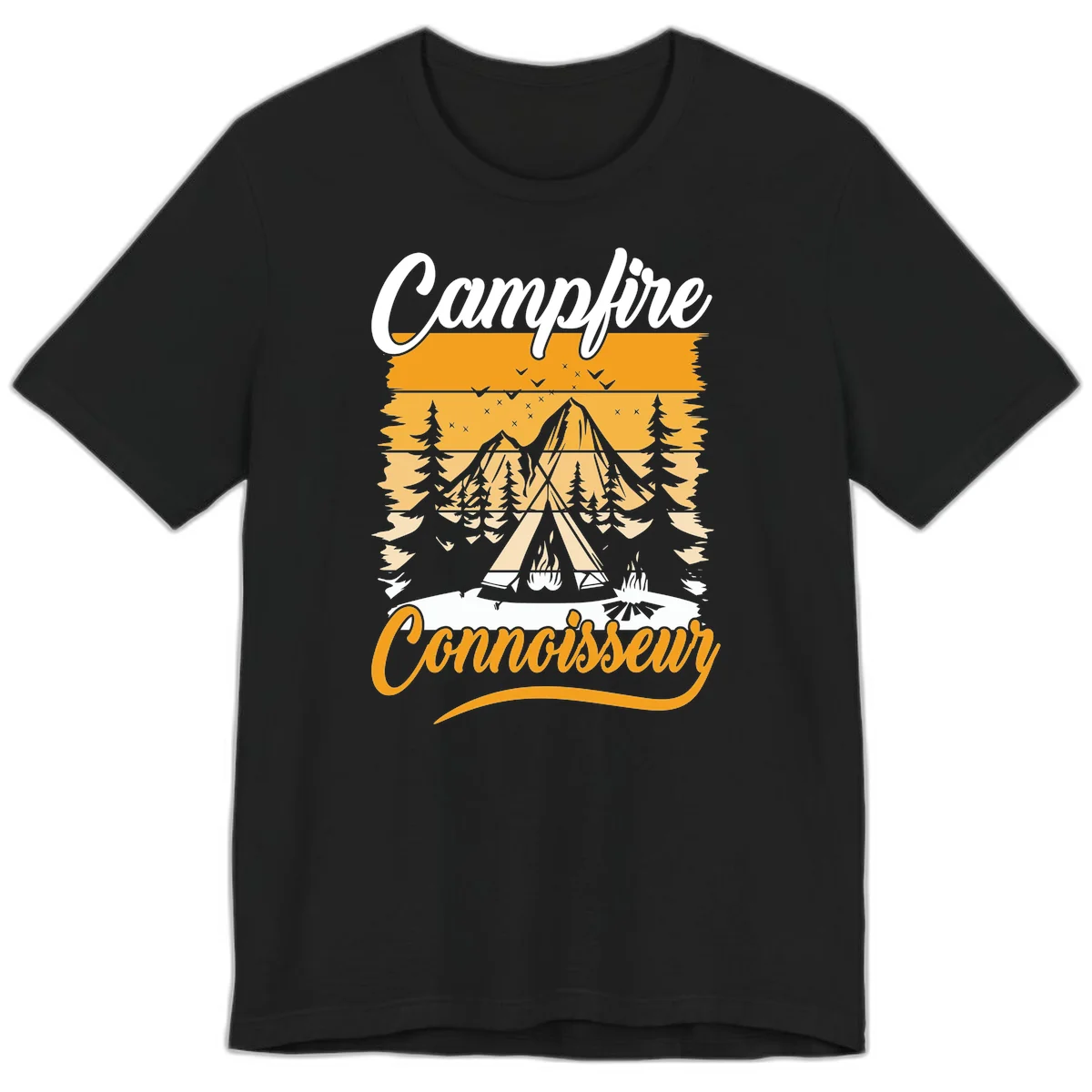 Campfire connoisseur design showing a tent with glowing fire, trees, and mountain under starry sky in warm golden tones in Black