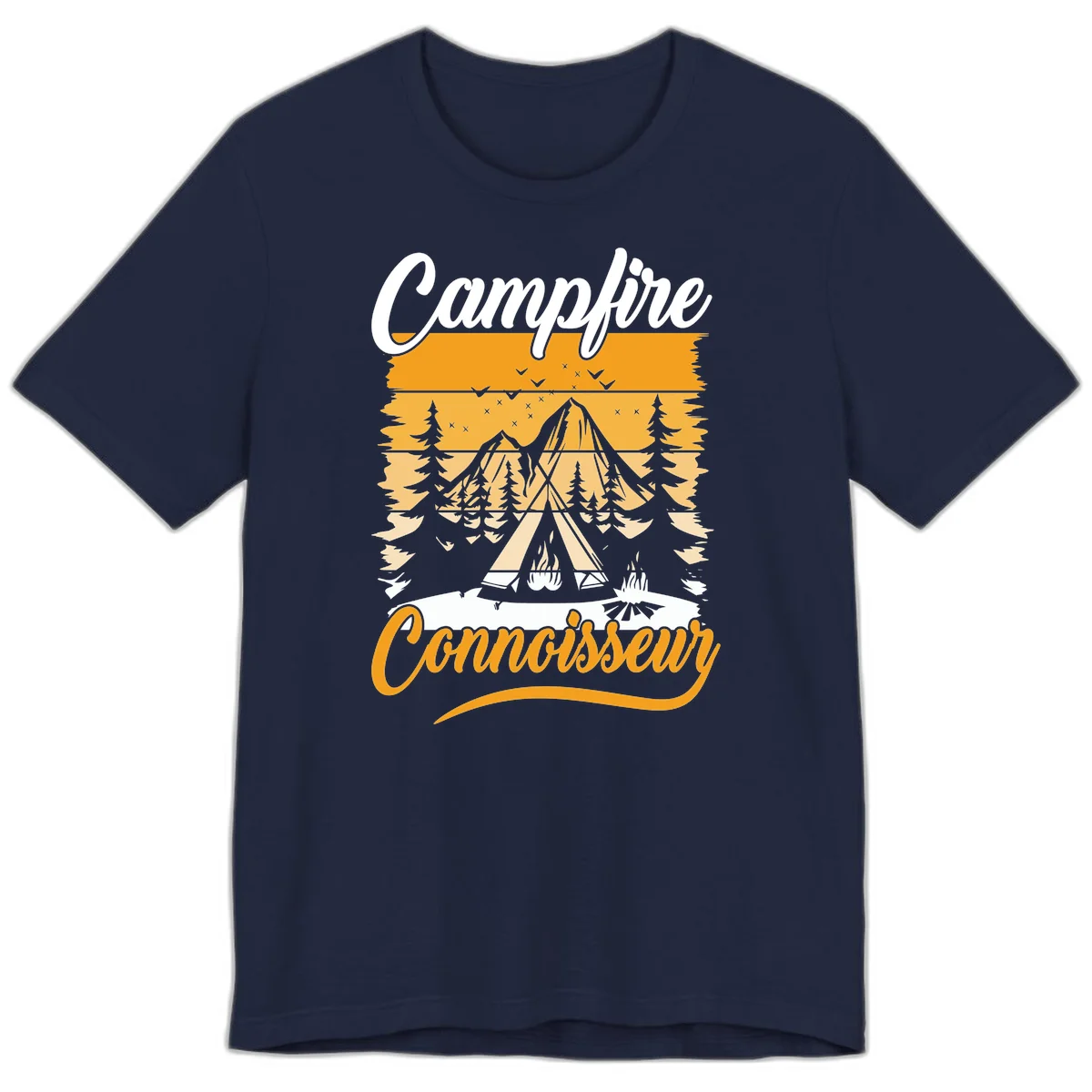 Campfire connoisseur design showing a tent with glowing fire, trees, and mountain under starry sky in warm golden tones in Navy