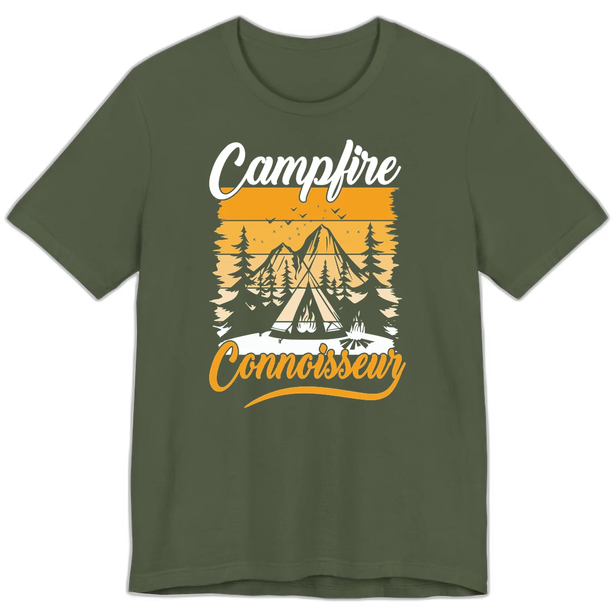 Campfire connoisseur design showing a tent with glowing fire, trees, and mountain under starry sky in warm golden tones in Military Green
