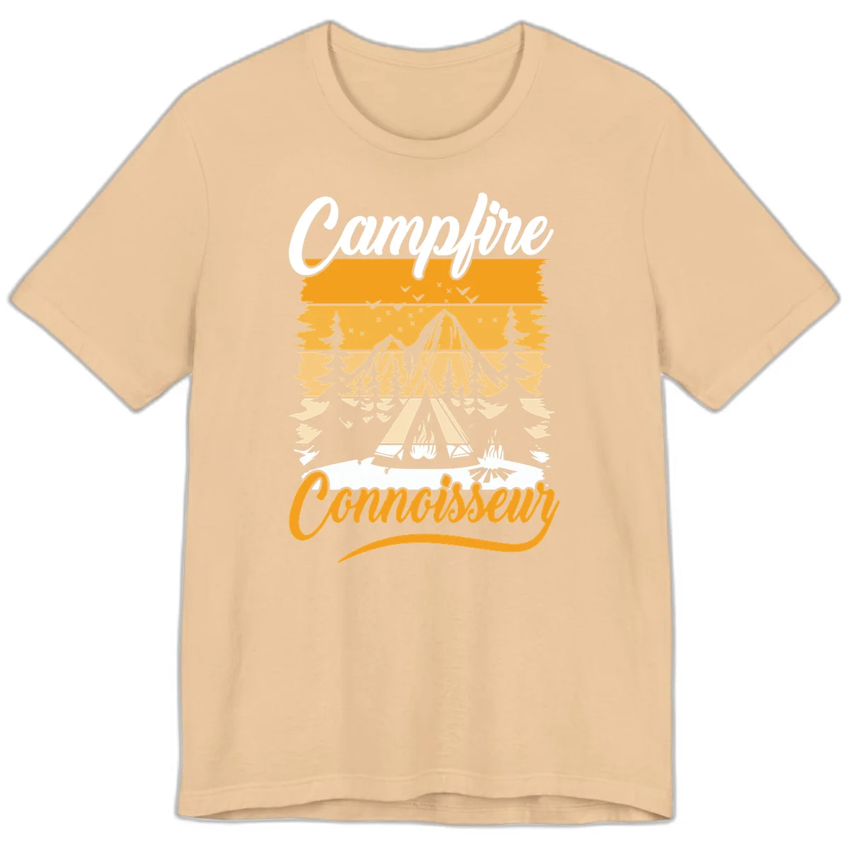 Campfire connoisseur design showing a tent with glowing fire, trees, and mountain under starry sky in warm golden tones in Sand Dune