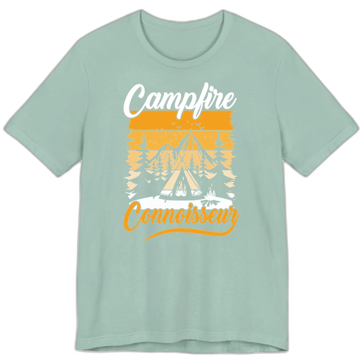 Campfire connoisseur design showing a tent with glowing fire, trees, and mountain under starry sky in warm golden tones in Dusty Blue