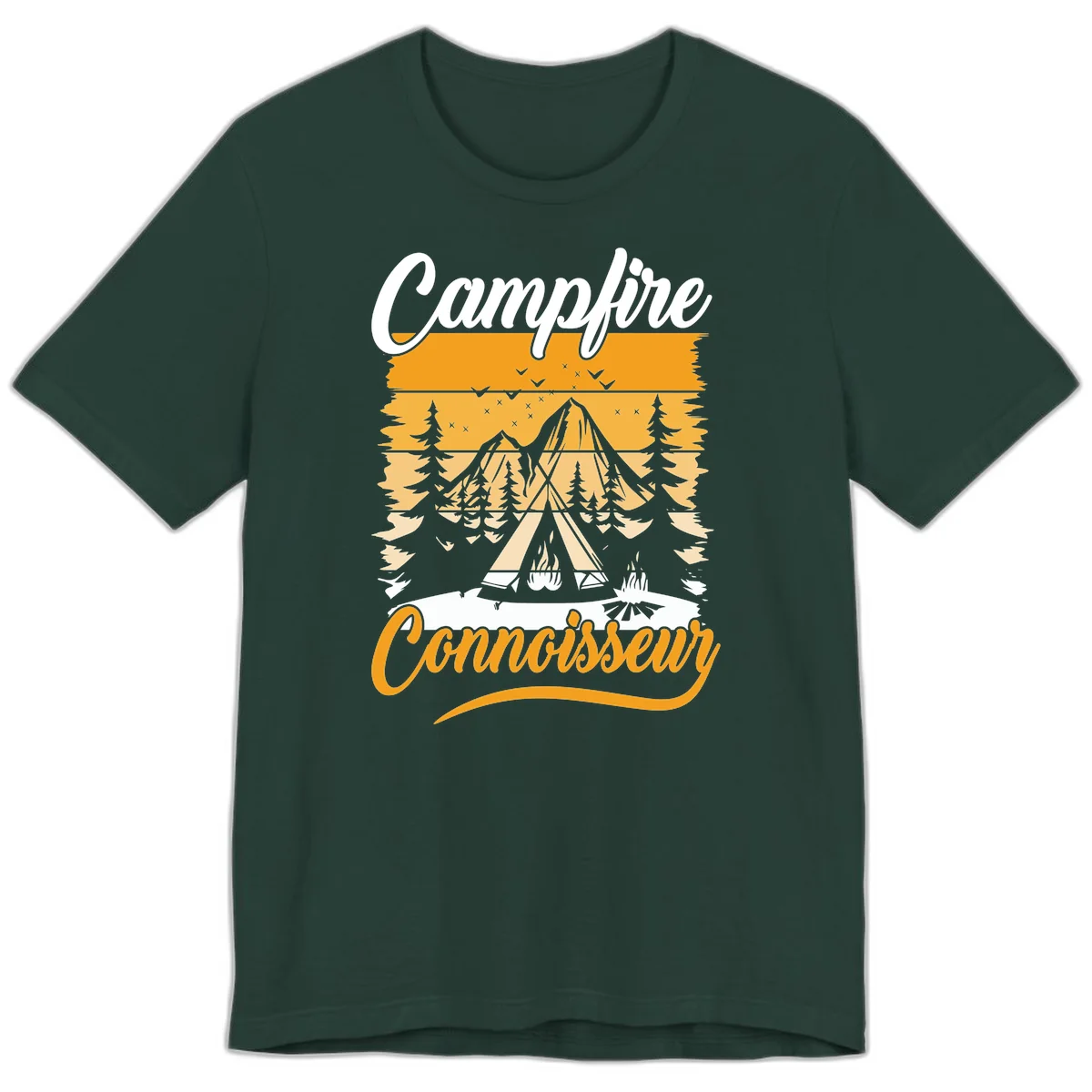 Campfire connoisseur design showing a tent with glowing fire, trees, and mountain under starry sky in warm golden tones in Forest