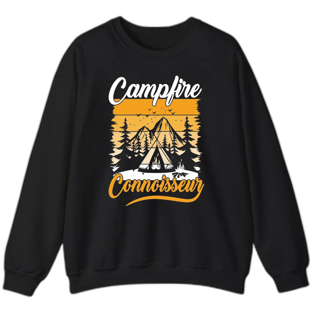 Campfire connoisseur design showing a tent with glowing fire, trees, and mountain under starry sky in warm golden tones in Black