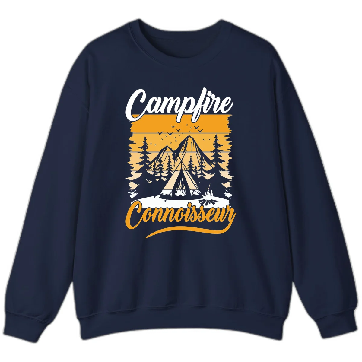 Campfire connoisseur design showing a tent with glowing fire, trees, and mountain under starry sky in warm golden tones in Navy