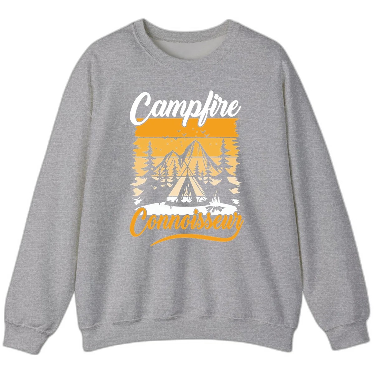 Campfire connoisseur design showing a tent with glowing fire, trees, and mountain under starry sky in warm golden tones in Sport Grey