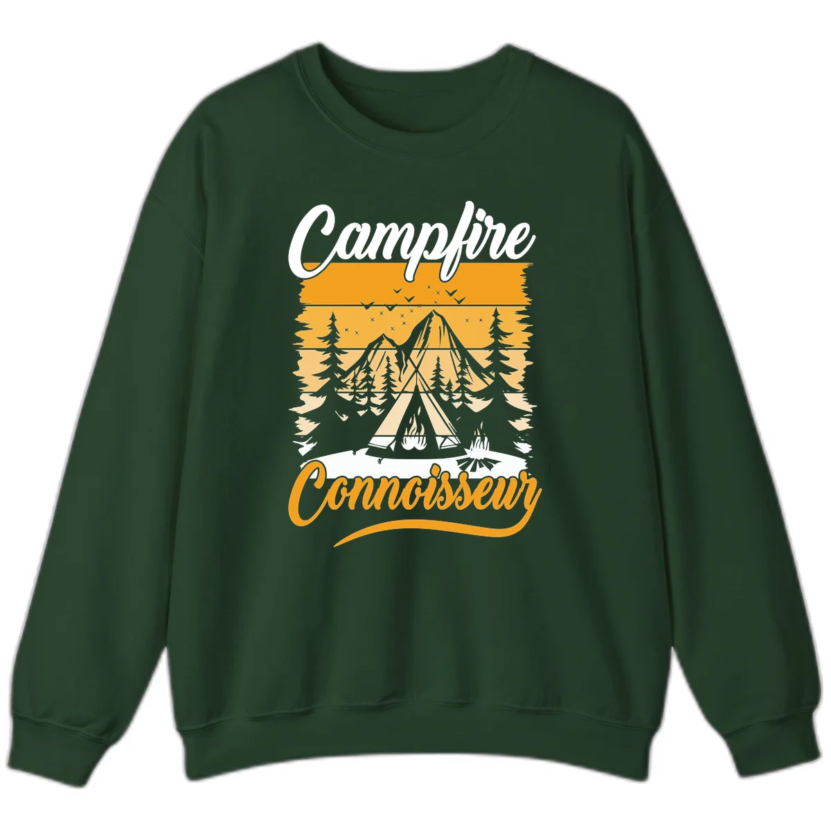 Campfire connoisseur design showing a tent with glowing fire, trees, and mountain under starry sky in warm golden tones in Forest Green