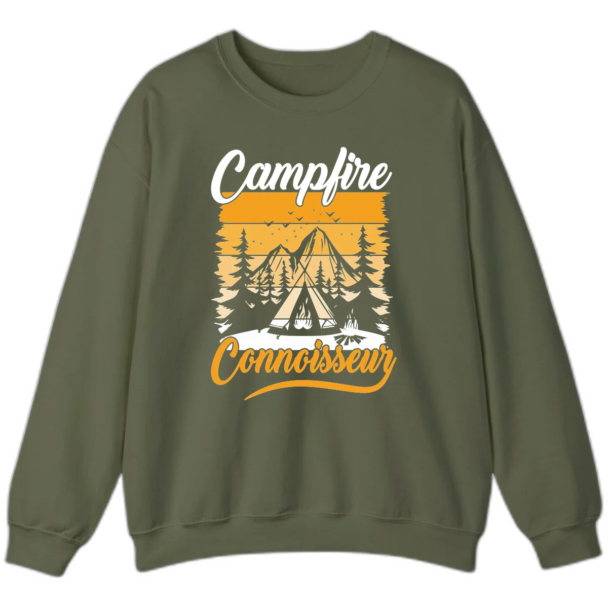 Campfire connoisseur design showing a tent with glowing fire, trees, and mountain under starry sky in warm golden tones in Military Green