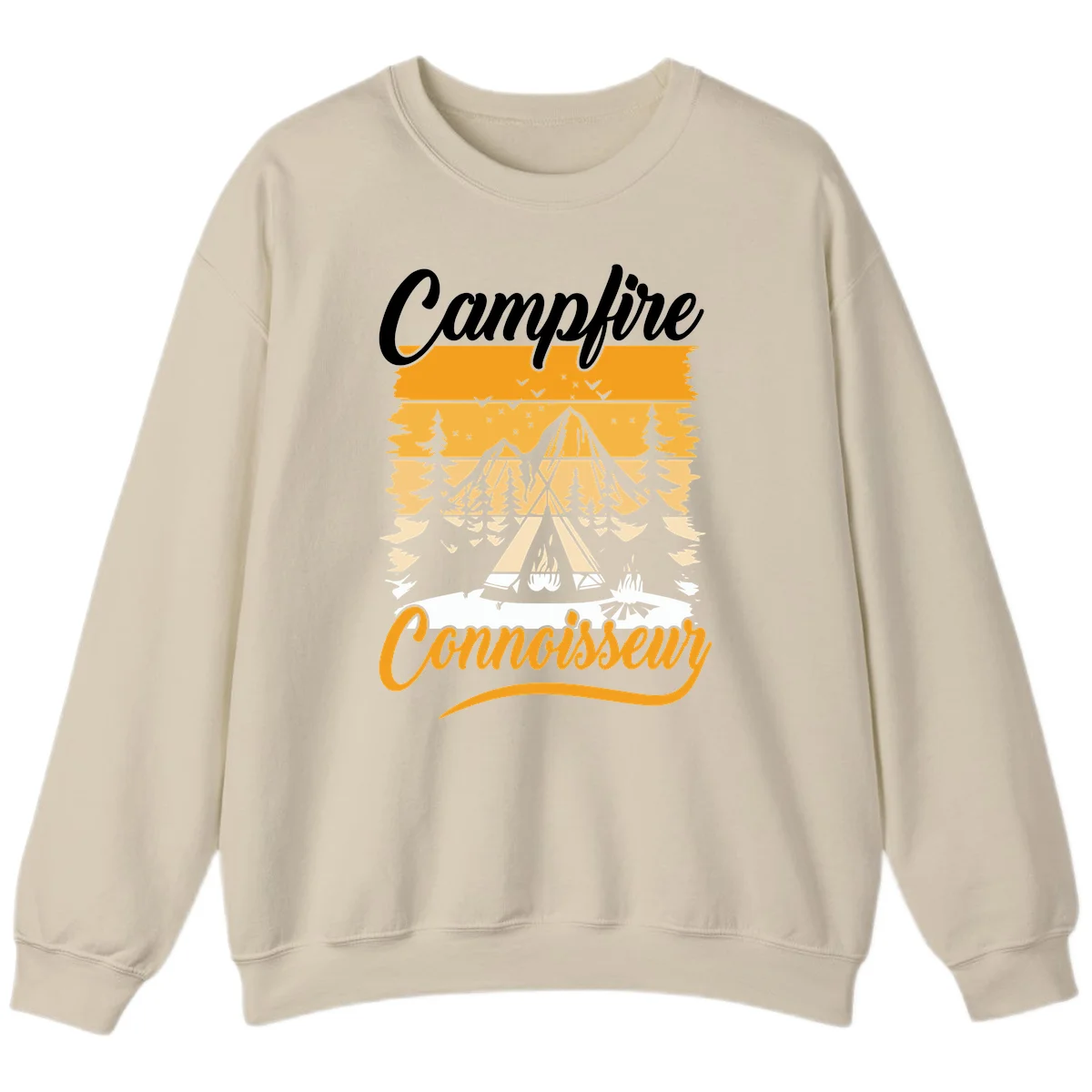 Campfire connoisseur design showing a tent with glowing fire, trees, and mountain under starry sky in warm golden tones in Sand