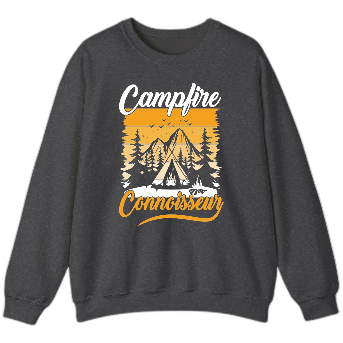 Campfire connoisseur design showing a tent with glowing fire, trees, and mountain under starry sky in warm golden tones in Dark Heather