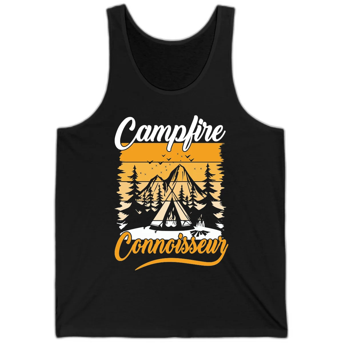Campfire connoisseur design showing a tent with glowing fire, trees, and mountain under starry sky in warm golden tones in Black