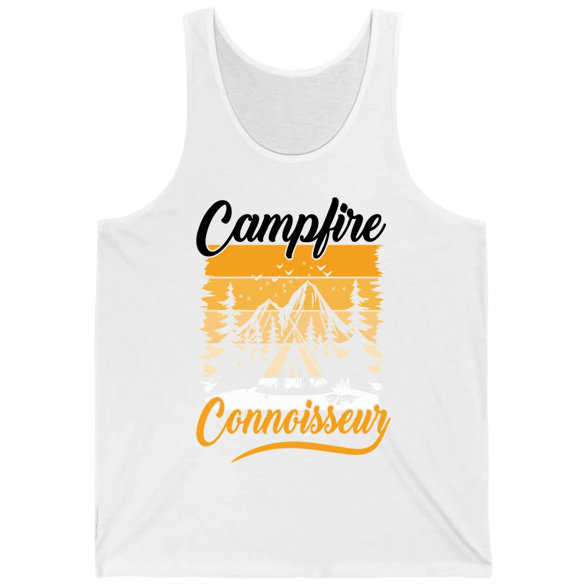 Campfire connoisseur design showing a tent with glowing fire, trees, and mountain under starry sky in warm golden tones in White