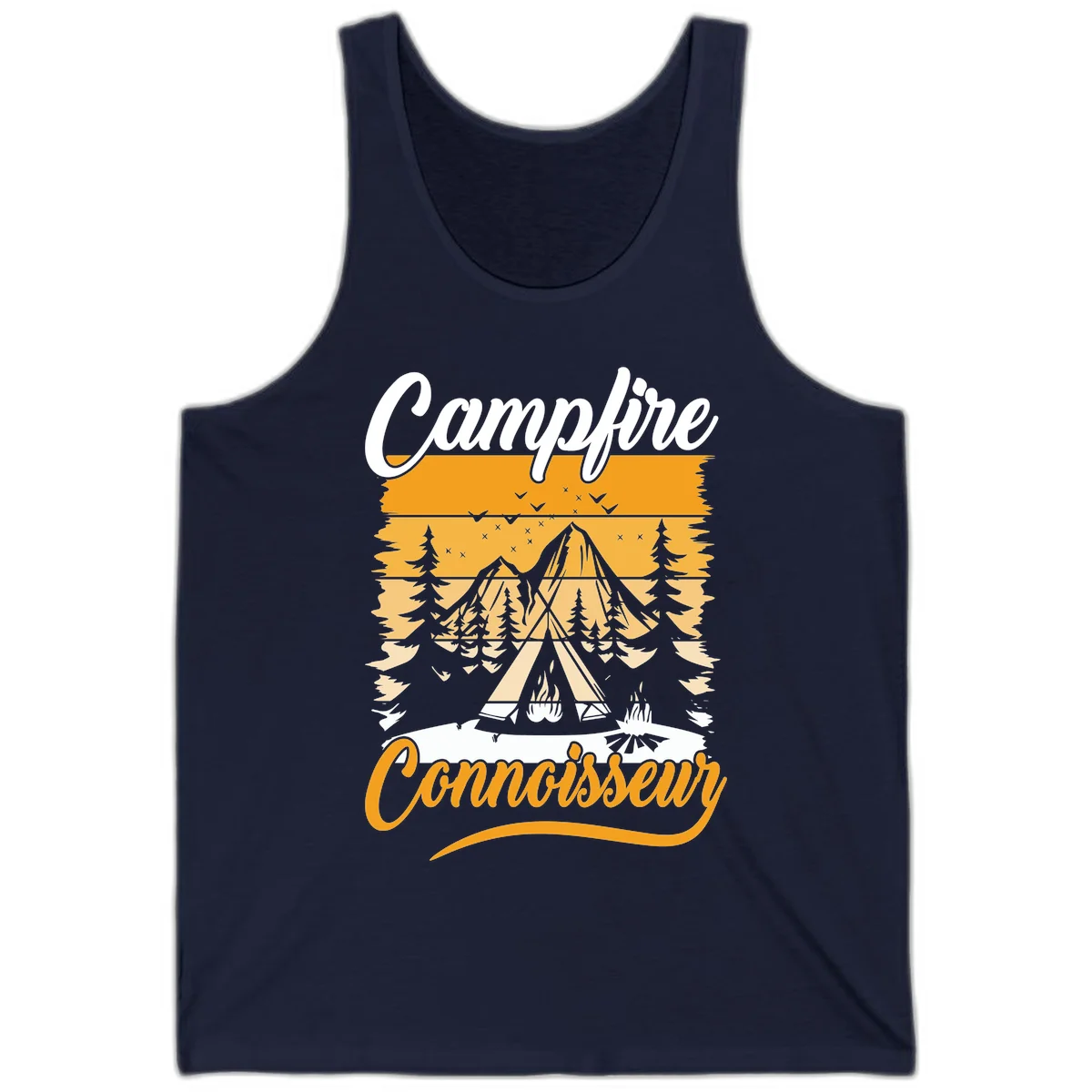 Campfire connoisseur design showing a tent with glowing fire, trees, and mountain under starry sky in warm golden tones in Navy