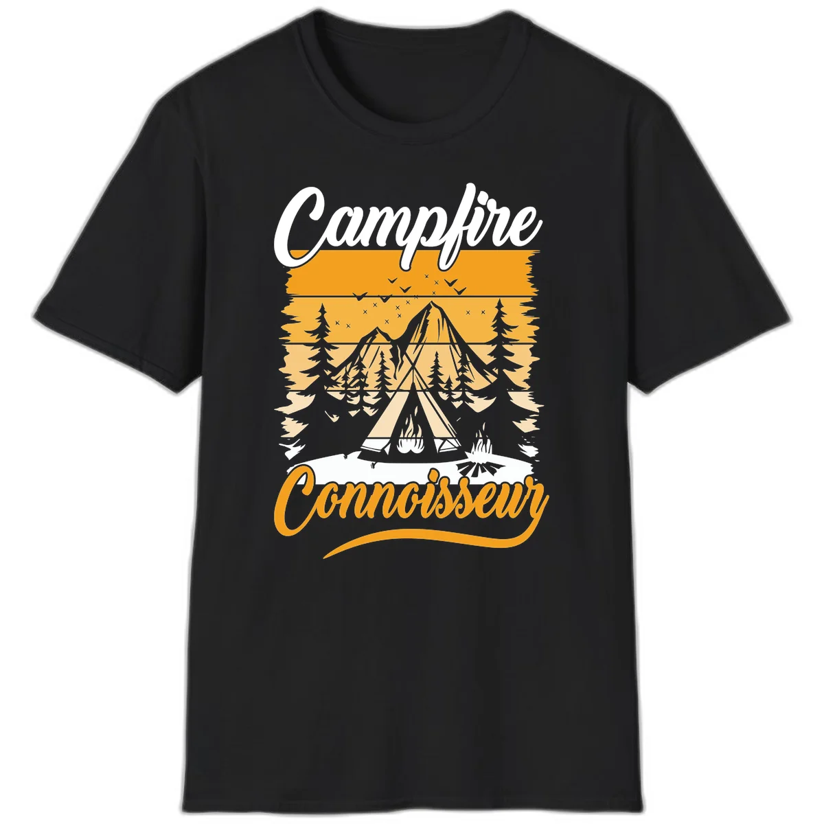 Campfire connoisseur design showing a tent with glowing fire, trees, and mountain under starry sky in warm golden tones in Black