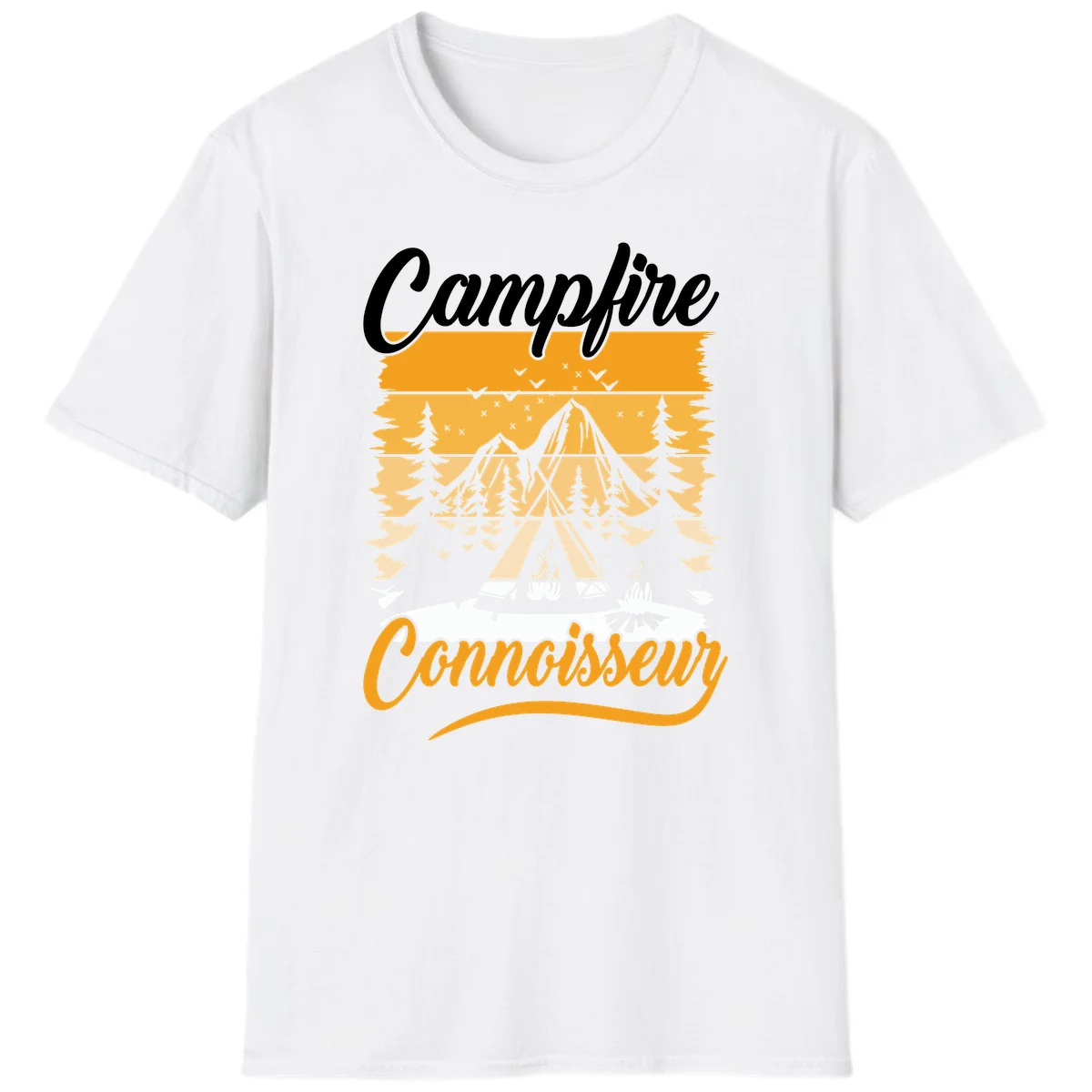 Campfire connoisseur design showing a tent with glowing fire, trees, and mountain under starry sky in warm golden tones in White
