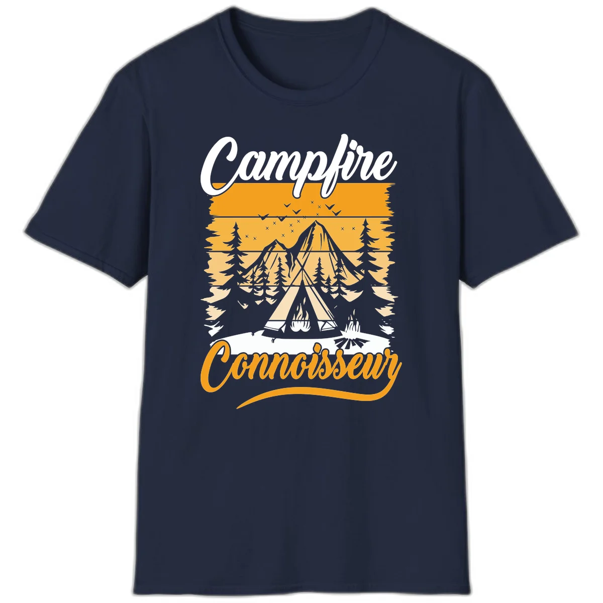 Campfire connoisseur design showing a tent with glowing fire, trees, and mountain under starry sky in warm golden tones in Navy