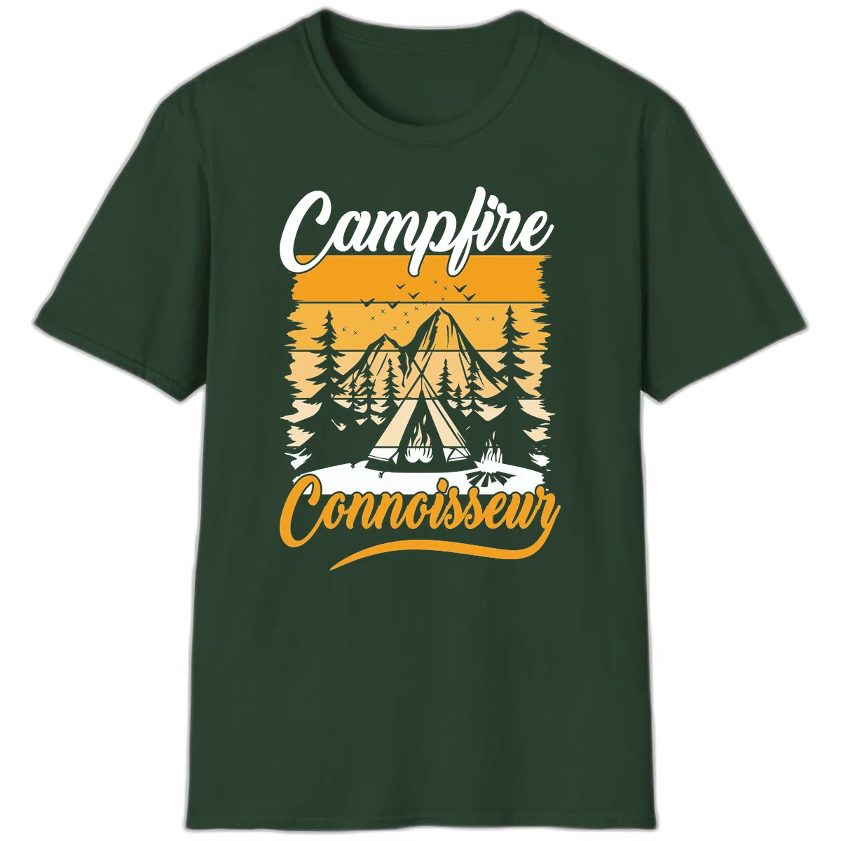 Campfire connoisseur design showing a tent with glowing fire, trees, and mountain under starry sky in warm golden tones in Forest Green